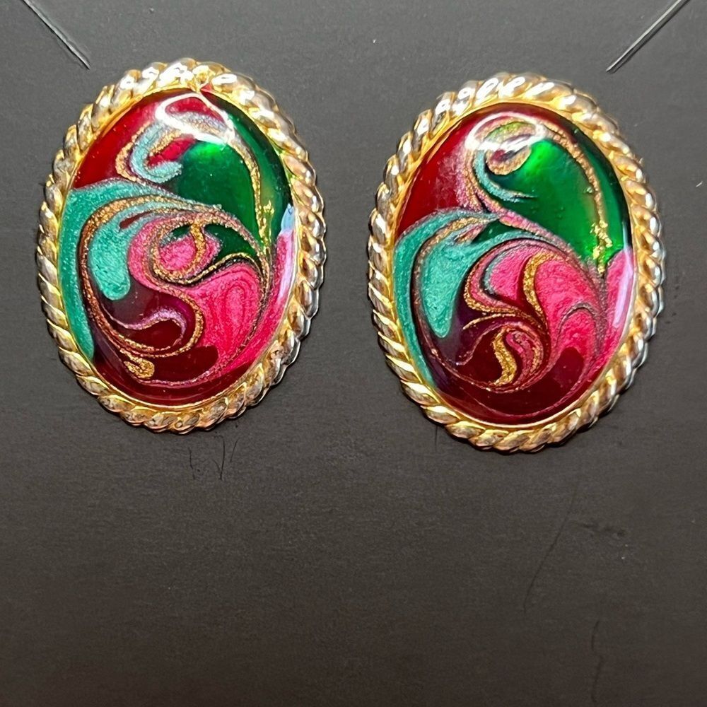 Hand Crafted Gold Tone and Epoxy Paint Swirl Design Oval Pierced Earrings